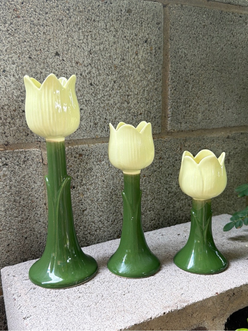 Vintage Yellow Tulip Ceramic Candle Holders with Green Stems - Set of 3